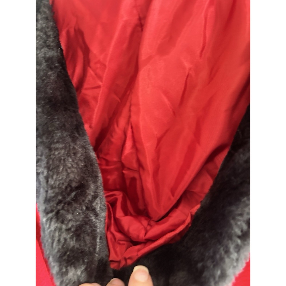 Vintage 1960s Red Princess Coat Wool Black Faux Fur Trim Hoood Long Sz S A-Line - Picture 14 of 16